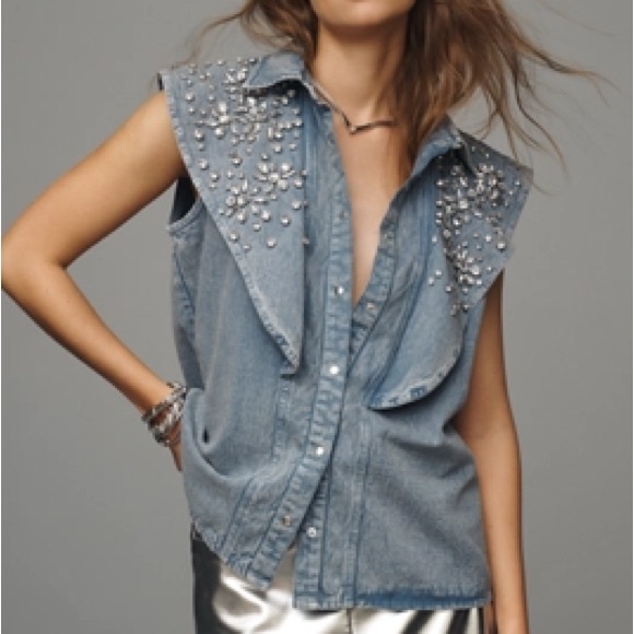 Anthropologie Tops - Anthropologie Blue Gray Embellished Sleeveless Button Down